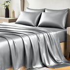 CozyLux Satin Sheets Queen Size Bed Set - 6 Piece Silky Queen Sheet Set, Luxury Light Grey Queen Sheets with Smooth and Soft Microfiber, Includes 1 Fitted Sheet, 1 Flat Sheet and 4 Pillowcases