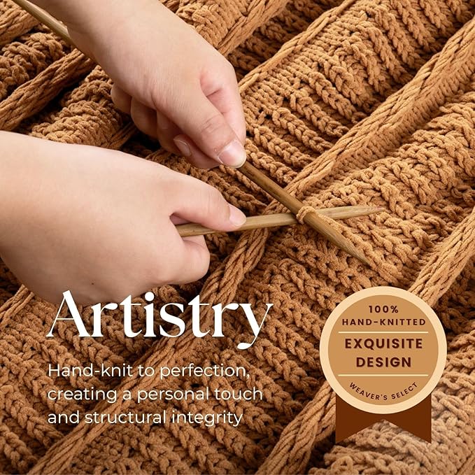 Boho Knitted Chenille Blanket with Tassels - Lightweight & Soft All-Season Throw - 3D Classic Pattern for Living Room Bedroom Couch, Amber Brown, King 90"x108"