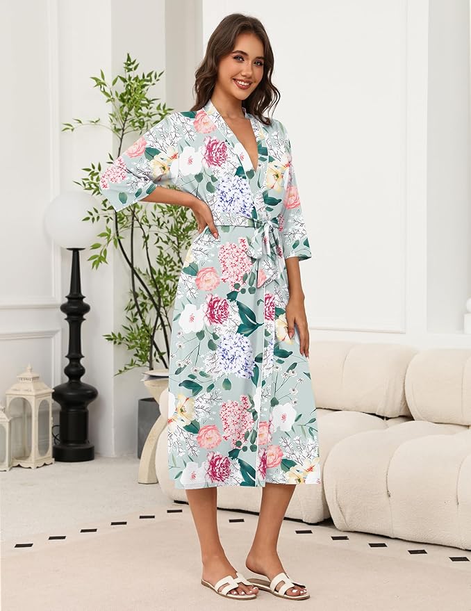 Ekouaer Robes for Women Long Knit Bathrobe Lightweight 3/4 Sleeves Kimono Robe Soft Sleepwear with Pockets S-XXL