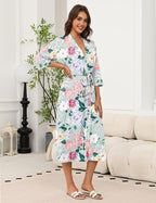 Ekouaer Robes for Women Long Knit Bathrobe Lightweight 3/4 Sleeves Kimono Robe Soft Sleepwear with Pockets S-XXL