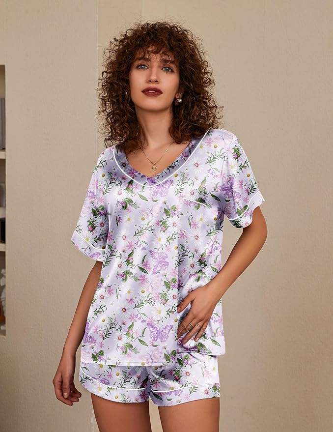 Ekouaer Silk Pajama for Women Short Sleeve Satin Pj Set Two Piece Soft Sleepwear Loungewear, S-XXL
