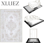 XLUEZ Area Rug 5x7 Living Room Rug, Machine Washable Vintage Distressed Medallion Rug Non-Slip Soft Low Pile Large Indoor Rugs for Bedroom Kitchen Dining Room Office(Beige,5'x7')