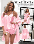 EPLAZA 3 Pcs Silk Pajamas for Women Satin Pajama Set Sexy Lace V-neck Cami Top Shorts Pjs Set with Robe Sleepwear