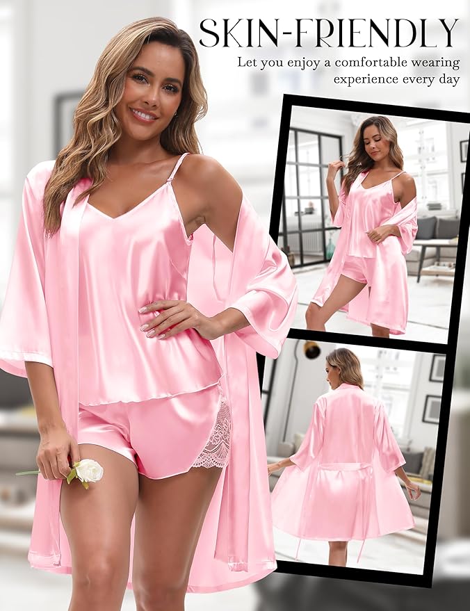 EPLAZA 3 Pcs Silk Pajamas for Women Satin Pajama Set Sexy Lace V-neck Cami Top Shorts Pjs Set with Robe Sleepwear