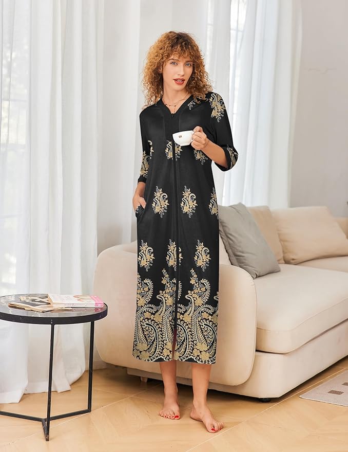 Ekouaer Women's Zipper Robe 3/4 Sleeves Housecoat Full Length Nightgown Soft Loungewear Robe with Pockets S-3XL
