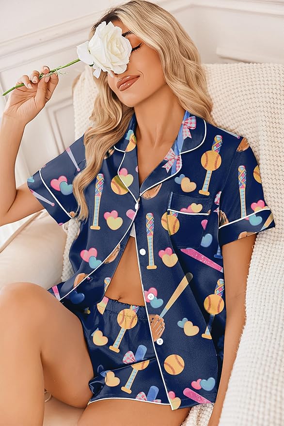 Ekouaer Womens Silk Satin Pajama Sets 2 Piece Button Down Silk Pjs Shorts Sets Cute Print Short Sleeve Sleepwear S-4XL