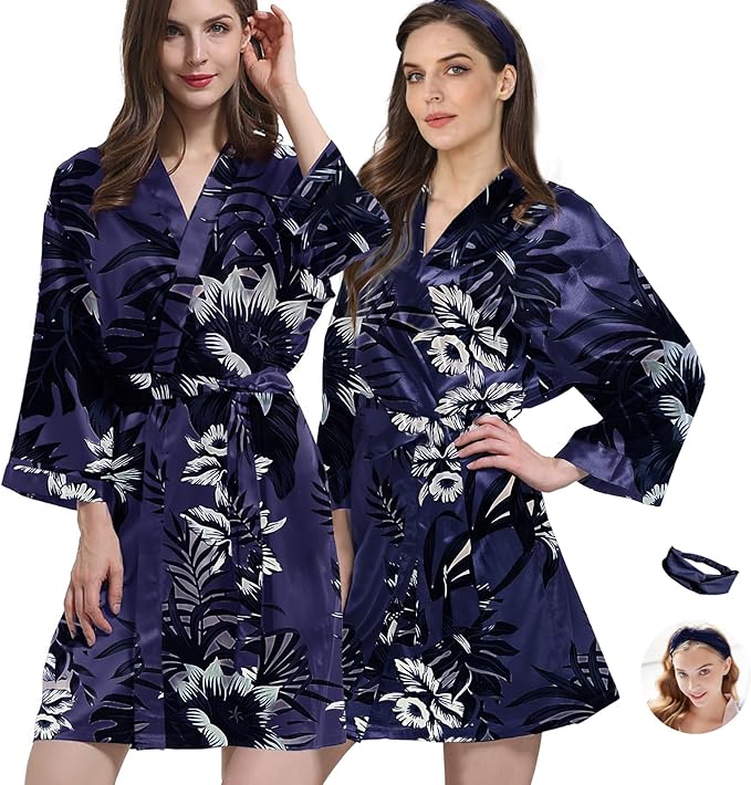 WJing Yi Jia 2Pcs Womens Floral Kimono Robe Silk Robes Bride Bridesmaid Satin Robes Bridal Dressing Gown Silky Bathrobe