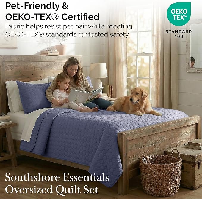 Southshore Fine Living, Inc. Lightweight Quilt, Oversized Quilts For King Bed, Soft Coverlet, 3-Piece Bedspread Set with Two Matching Quilted Pillow Shams, All Season California/King Quilt Sets, Denim