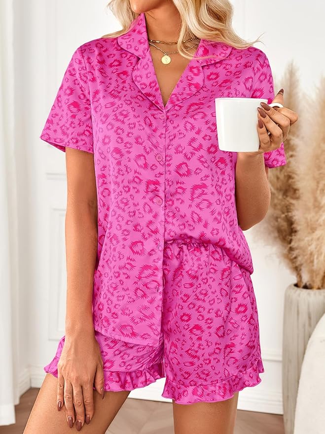 LILLUSORY Womens Satin Silk Pajamas Set 2 Piece Ruffle Pjs Winter Matching Lounge Sleepwear Button Down Striped Shirt Shorts