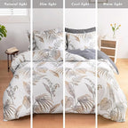 ALEISSEL Natural Cotton 3pcs Floral Comforter Sets Queen Size-Gray Comforter with Luxurious Brown Branches and Taupe & Gray Leaves on White, Reversible Lightweight Bedding Sets(Queen)