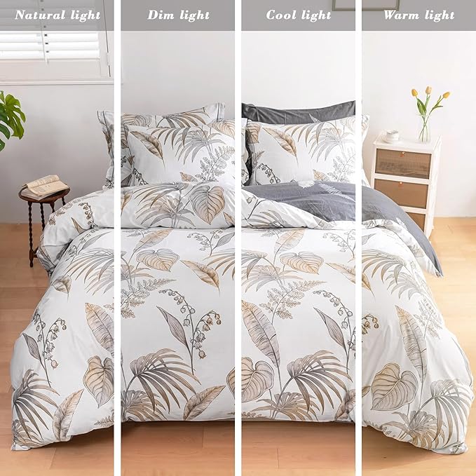 ALEISSEL Natural Cotton 3pcs Floral Comforter Sets Queen Size-Gray Comforter with Luxurious Brown Branches and Taupe & Gray Leaves on White, Reversible Lightweight Bedding Sets(Queen)