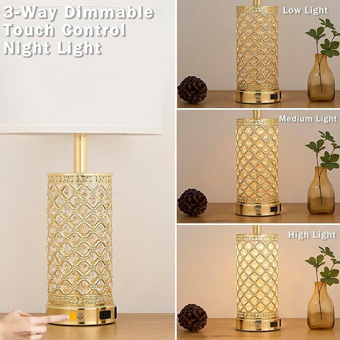 SAIWEYA Crystal Table Lamps Modern 3-Way Dimmable Bedside Lamp with 2 USB Ports & AC Outlets for Living Room Bedroom Nightstand Lamp Night Light (Gold- 1 Pack 24In)