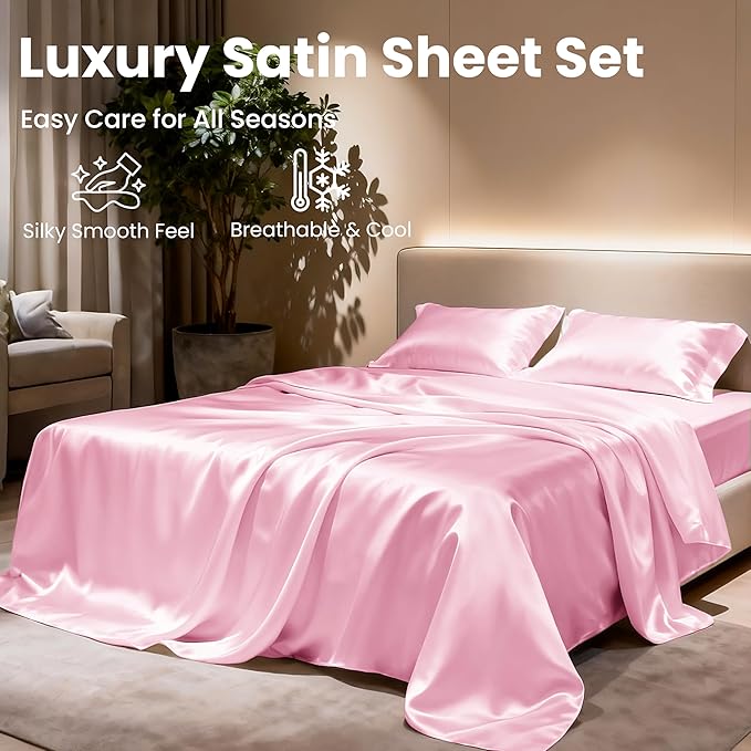 Love's cabin Satin King Sheet Sets - 4 Piece Pink Silky Sheets King Size Bed Set with Deep Pocket, Luxury Silk Feel King Size Satin Sheet Set (1 Flat Sheet,1 Fitted Sheet,2 Pillow Cases)