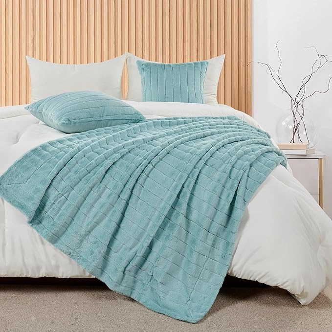 Striped Throw Blanket and Pillow Covers Set (No Inserts) for Couch and Bed, Plush Warm Lightweight Fuzzy Faux Fur Blanket for All Seasons (50" x 60", Pastel Blue)
