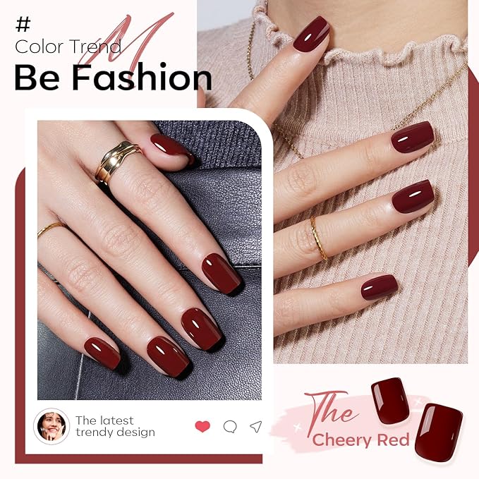 Modelones Press on Nails, Dark Red Short Square Fake Nails, Summer Reusable Nail Kit with Nail Glue Adhesive Tabs Mini Nail File, Nails Press Ons 32Pcs16 Sizes, Women Girl Gift