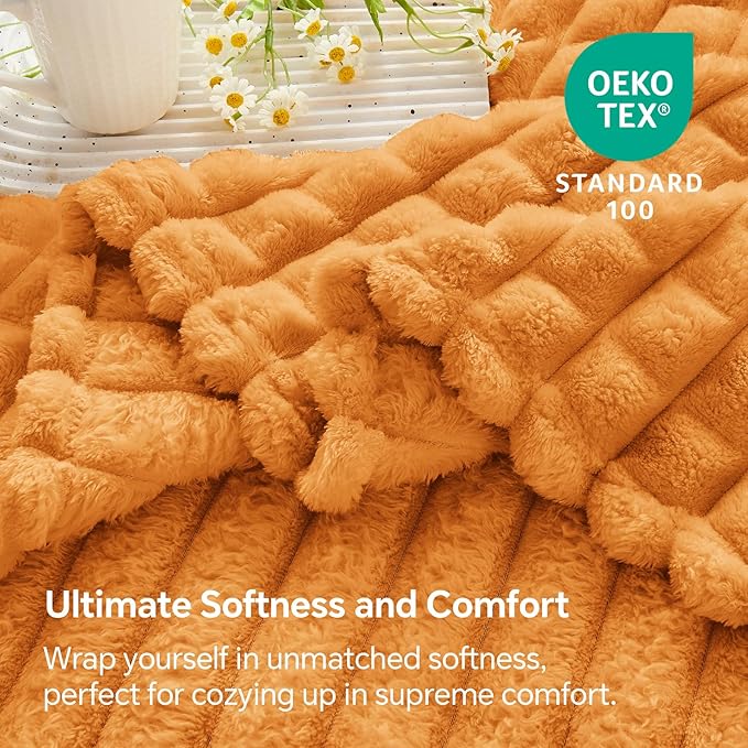 BEDELITE Burnt Orange Throw Blanket Twin Size for Bed- Super Soft and Warm 3D Checkered Fluffy Fuzzy Fleece Blanket, Luxurious Plush Cozy Blanket for Room Decor Fall and Winter, 60x80 inches