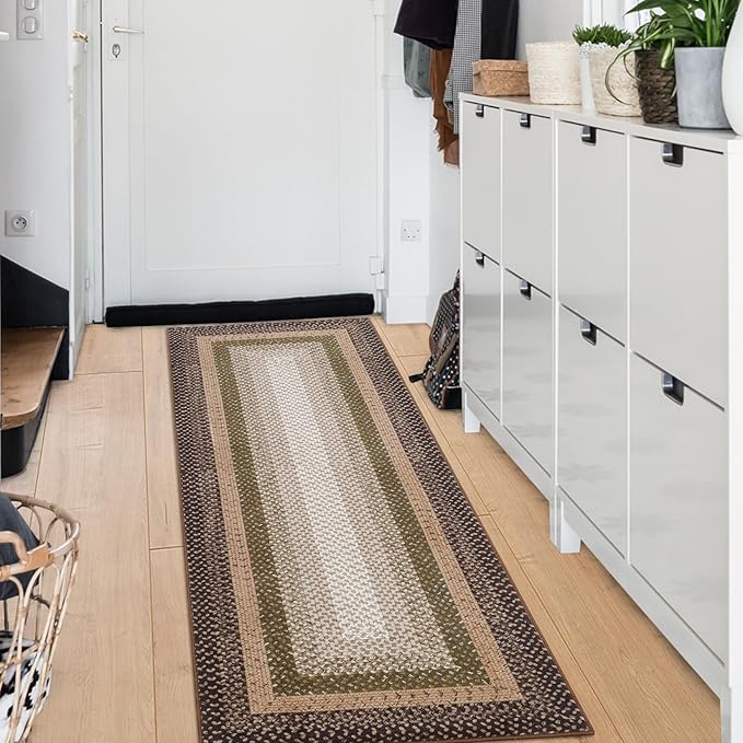RUGSREAL Hallway Runner Rug 2x6 Braided Area Rug Machine Washable Kitchen Rug Farmhouse Runner Carpet Non Slip Stain Resistant Rustic Runner Modern Printed Carpet for Living Room Bedroom, Moss/Brown