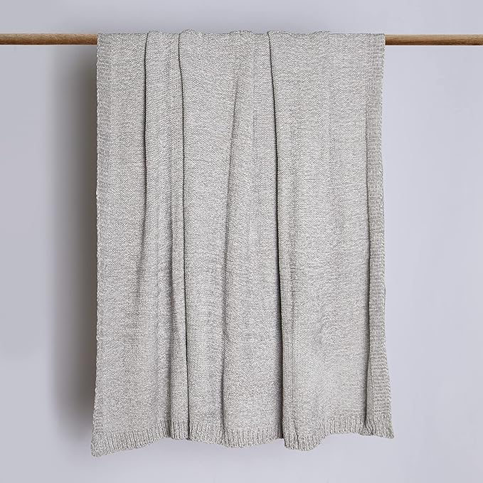 BEST HOME FASHION Super Soft Luxe Sheen Chenille Throw Blanket, Warm and Cozy Knitted Decorative Blanket for Sofa, Couch and Bed All Seasons 60 x 80 Inches- Light Grey