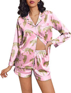 Ekouaer Satin Pajama Set for Women Button Down Pj Set Long Sleeve Top and Shorts 2 Piece Loungewear Summer Soft Sleepwear