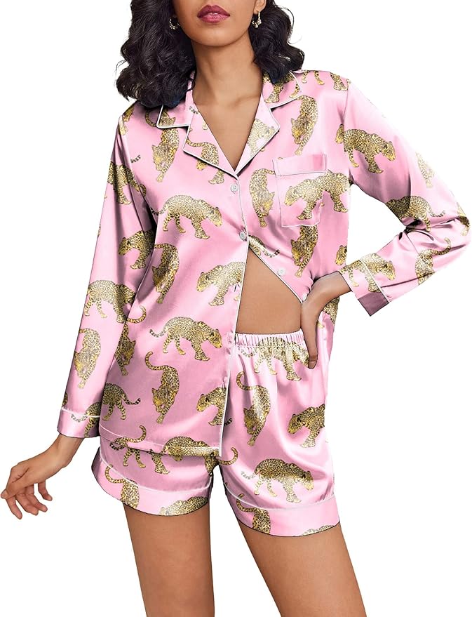 Ekouaer Satin Pajama Set for Women Button Down Pj Set Long Sleeve Top and Shorts 2 Piece Loungewear Summer Soft Sleepwear