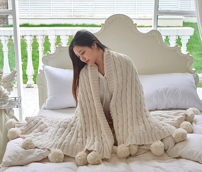 Chenille Chunky Knitted Throw Blanket with 14pcs Pom Poms Tassel Super Soft Cozy Warm Blanket for Sofa Bed Soft Couch 50 x60 inches (White)?-¡­