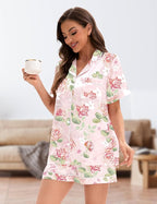 EPLAZA Silk Pajamas for Women Satin Pajamas Set 5 Pcs Long Sleeve Print Pattern Button Down Pjs Sleepwear Loungewear Set