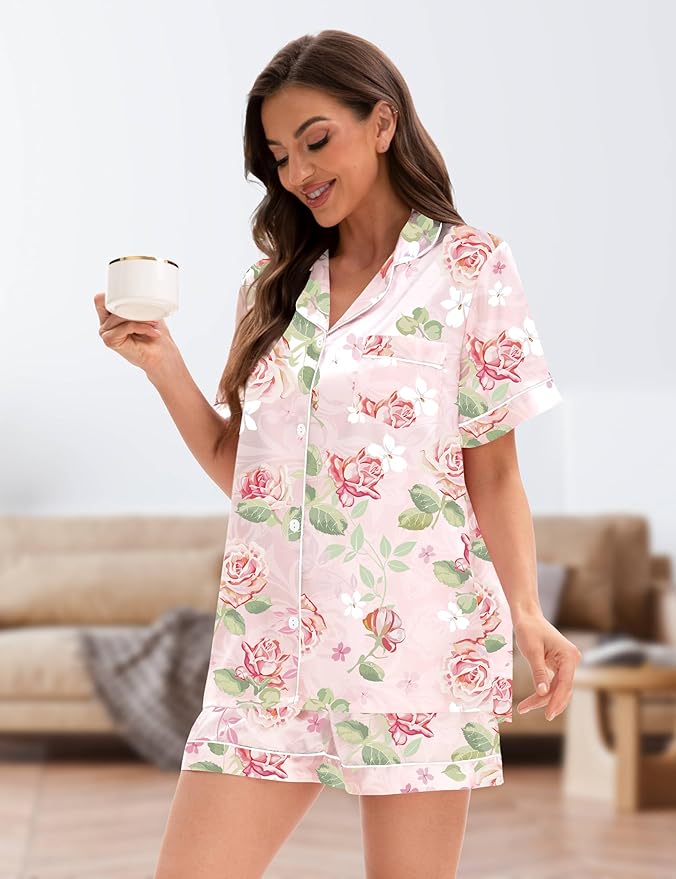 EPLAZA Silk Pajamas for Women Satin Pajamas Set 5 Pcs Long Sleeve Print Pattern Button Down Pjs Sleepwear Loungewear Set