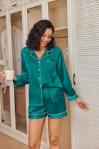Ekouaer Satin Pajama Set for Women Button Down Pj Set Long Sleeve Top and Shorts 2 Piece Loungewear Summer Soft Sleepwear