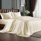 BEDELITE King Size Sheets Set, Luxury Soft Beige Satin Sheets for Hair and Skin, Similar to Silk Bed Sheets Set 4 Pieces with 1 Deep Pocket Fitted Sheet, 1 Flat Sheet, and 2 Pillowcases