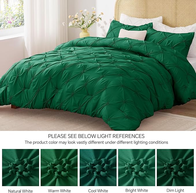 BEDELITE Forest Green Queen Comforter Set - 3 Pieces Boho Pintuck Bedding Comforter Sets, Lightweight Soft & Warm Bed Comforter Queen with 2 Pillowcases for All Season