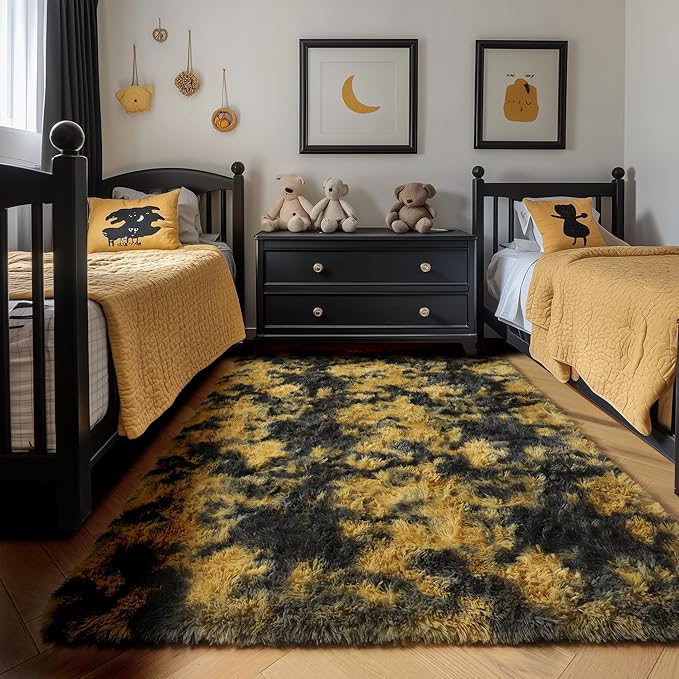 Amdrebio Black Gold Yellow Grey Rugs for Living Room Bedroom Decor, 8x10 Large Fluffy Furry Fuzzy Area Rug for Kids Room Dorm Home Office, Modern Cool Leopard Cheetah Big Carpet for Teen Boys Men