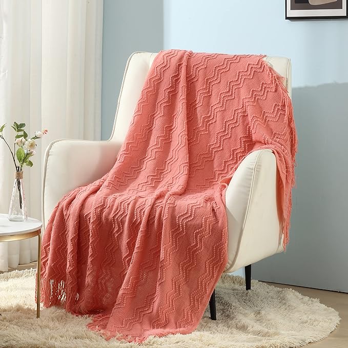CREVENT Knitted Decorative Throw Blanket for Couch Sofa Chair Bed，Soft Warm Cozy Light Weight for Spring Summer (50''X60'' Salmon/)