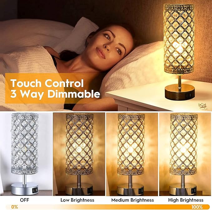 GZKPL Crystal Table Lamp, Touch Control Bedside Nightstand Desk Lamps Women Bedroom Decor Girly Bling Lamps with 2 USB Ports & Bulb Included for Home, Office, Living Room (Silver)