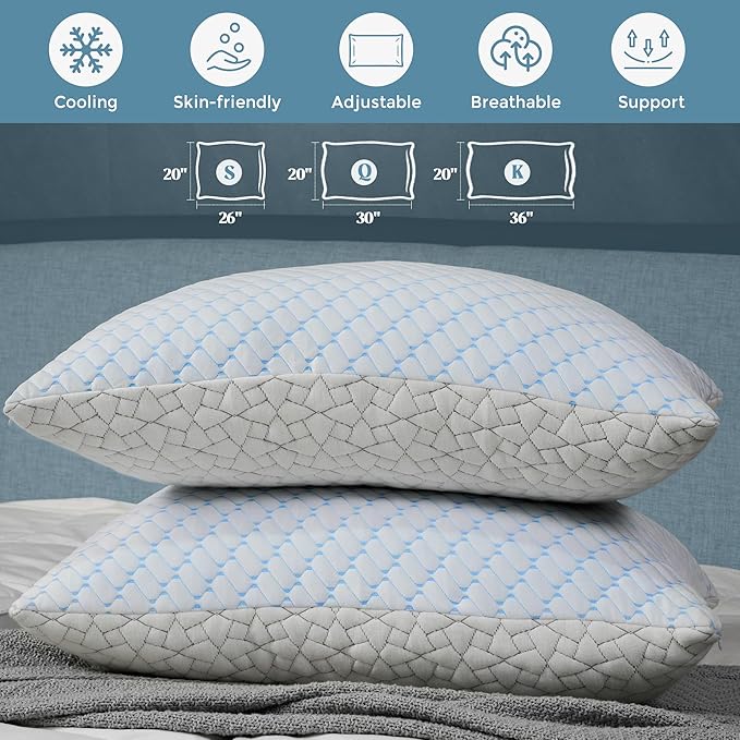 WOLKI Queen Size Pillows Set of 2 Shredded Memory Foam Pillows 2 Pack, Adjustable Firm Pillow for Side Sleepers, Back, Stomach, Hot Sleepers (20x30)