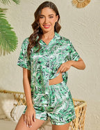 LecGee Womens Silk Satin Pajamas Short Sleeve Loungewear Two-Piece Sleepwear Button-Down Pj Set