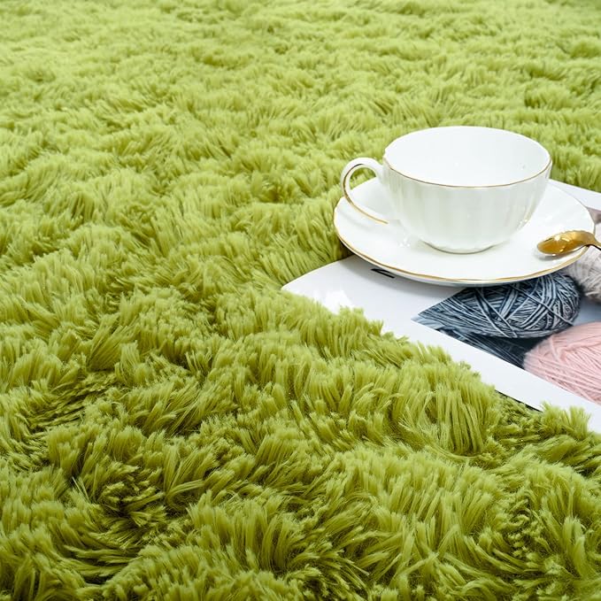 ISEAU 3x5 Area Rug for Living Room, Green Rugs for Bedroom, Kitchen, Soft Shaggy Carpets, Fluffy and Machine Washable Mats, Under Bed, On Nursery Floors Mat, Boys, Girls Room Carpet Decor