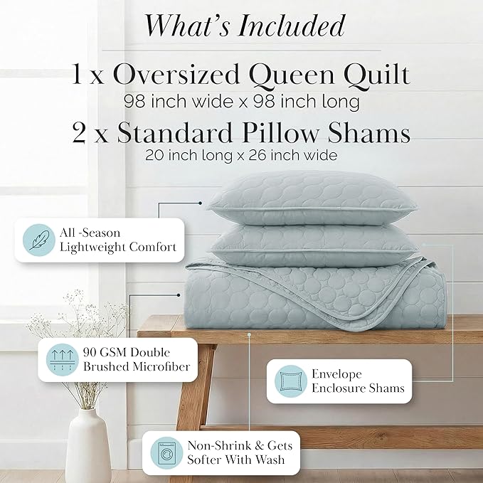 Southshore Fine Living, Inc. Oversized Full Size Quilt Bedding Set, Lightweight Bedspread, Soft Coverlet 3-Piece Set with Two Matching Quilted Pillow Shams, Full/Queen Quilts, Harbor Mist Blue