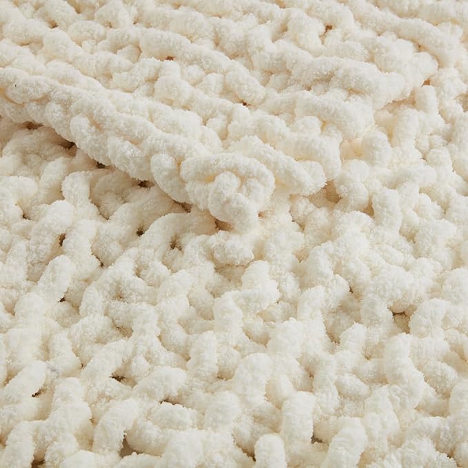 Madison Park Chenille Chunky Knit Handmade Throw Blanket, Luxuriously Soft Gift Blankets, Cottage Style Room Décor, Lightweight & Breathable All Seasons Throw Blanket for Couch, 50" W x 60" L Ivory