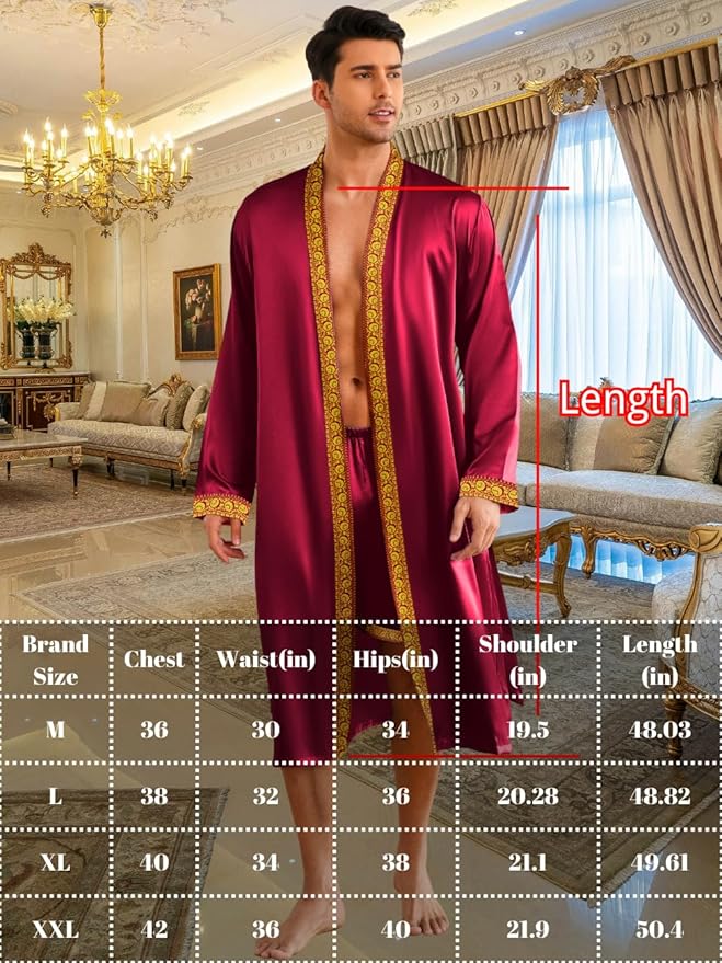 ChiaoLezhee Mens Satin Bath Robe with Shorts Set, Silk Paisley Kimono Lightweight, Soft Long Sleeve Sleepwear