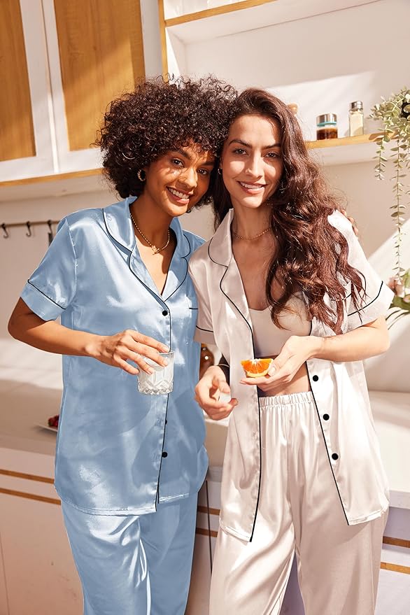 Ekouaer Satin Pajamas Set Women Short Sleeve Sleepwear Soft Button Down Loungewear Pjs Set