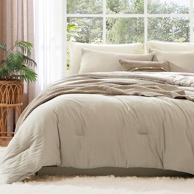 WRENSONGE King Size Comforter Set - 3 Pieces Light Oatmeal Comforter Prewashed Soft Lightweight for All Seasons,Fluffy Down Alternative Comforter King Size with 2 Pillow Shams