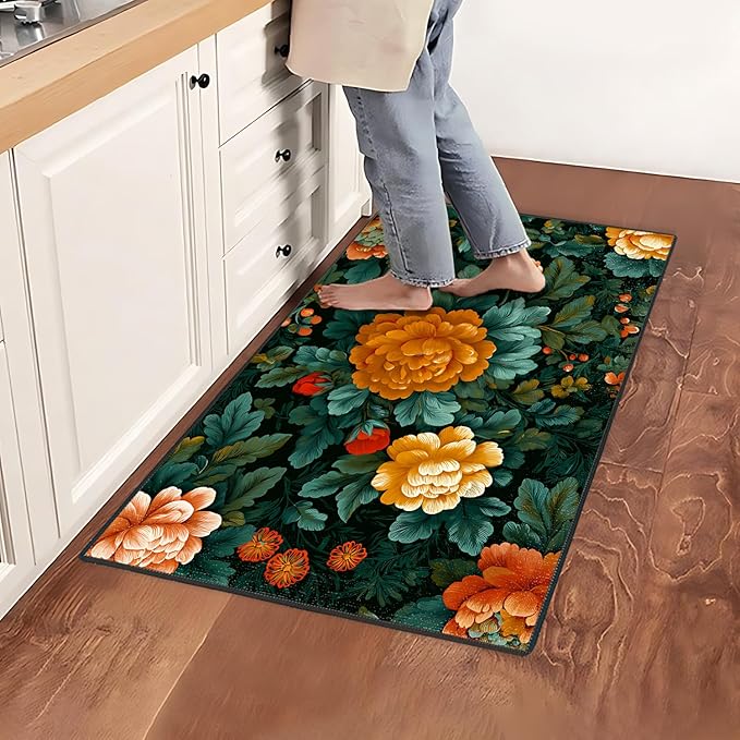 Vintage Floral Spring Area Rug 2x3 ft Entry Rug Washable Boho Rugs Non Slip Low Pile Vintage Floral Door Mat Small Carpet for Bedroom, Bedside, Kids Room, Office, Dining Room