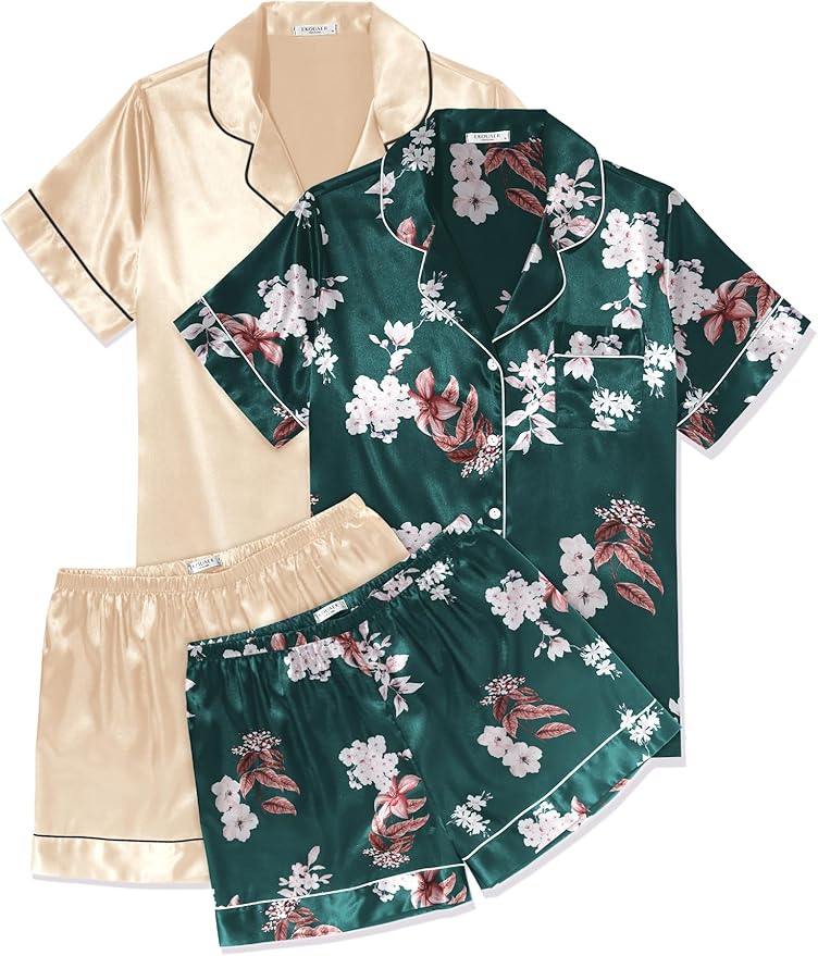 Ekouaer 2 Pack Pajama Sets for Women Silk Satin Pj Short Sleeve Button Down Sleepwear Top and Shorts Summer Lounge Set S-XXL