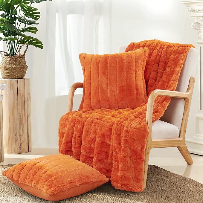 Striped Throw Blanket and Pillow Covers Set (No Inserts) for Couch and Bed, Plush Warm Lightweight Fuzzy Faux Fur Blanket for All Seasons (50" x 60", Burnt Orange)