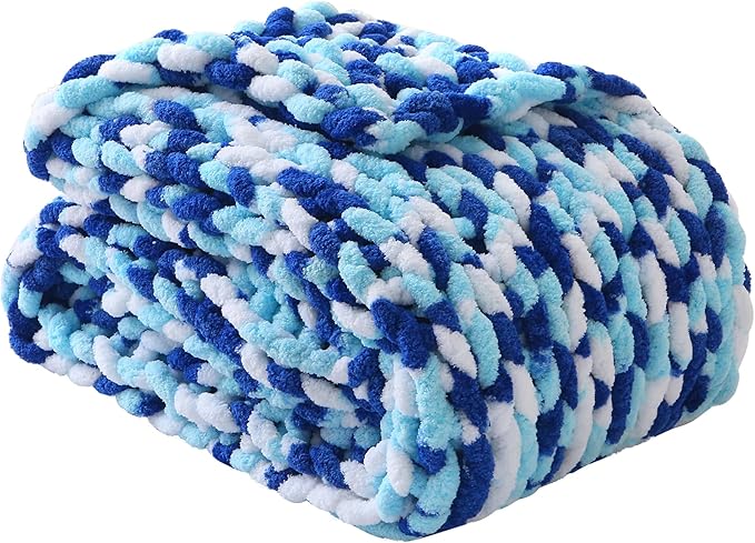 Mooreeke Chunky Knit Blanket 40"x50", Soft Chenille Throw Blanket Cozy 100% Handmade Crochet Gift Blankets with Jumbo Chenille Yarn for Couch Bed Sofa Room Decor - Blue and White