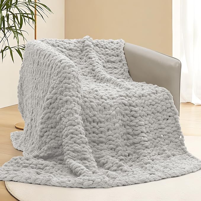 Chunky Knit Blanket Throw, 50x60inch Soft Chenille Yarn Throw, Handmade Warm Thick Cable Knit Crochet Blanket, Large Rope Knot Throw Blanket for Couch Bed Sofa,Light Grey