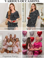 Silk Pajamas for Women Short Sleeve Satin 2 Piece Pj Set Soft V Neck Sleepwear Loungewear, S-XXL