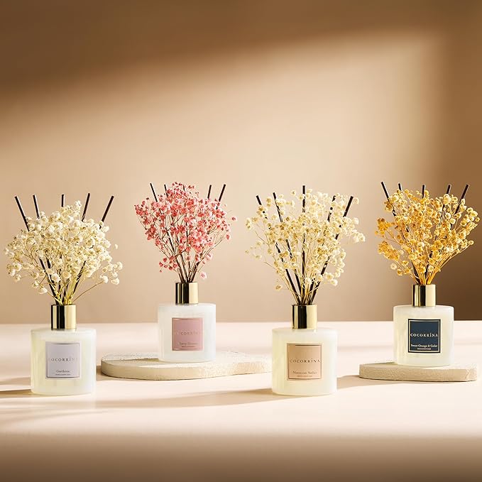 COCORRÍNA Reed Diffuser - Cherry Blossom 6.7 Fl.oz Reed Diffuser Set with Sticks & Preserved Baby's Breath, Reed Diffuser for Home Bathroom Shelf Decor