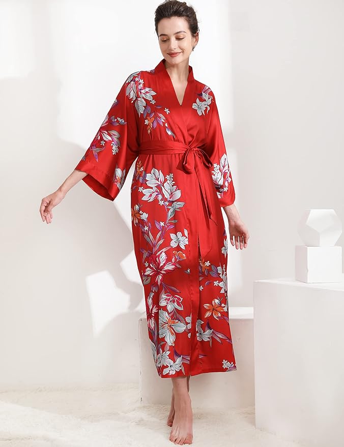 Aensso Long Soft Lightweight Silky Kimonos Robes for Women, Luxury Japanese Floral Womens Kimono Robe