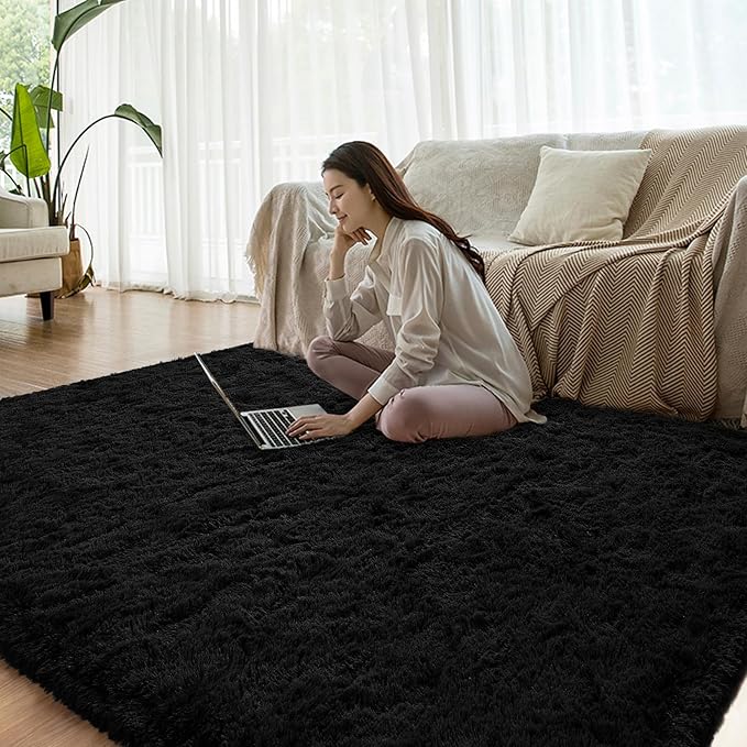 Black Runner Area Rugs for Bedroom Living Room, 2x6 Feet Fluffy Bedside Rugs, Soft Shaggy Carpet Rug for Kids Room Nursery, Furry Cute Rugs for Girls Boys Dorm Room Home Decor